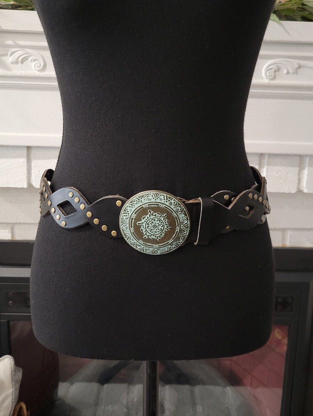 Bohemian Black Studded Leather Waist Belt With Patina Medallion Buckle S/M